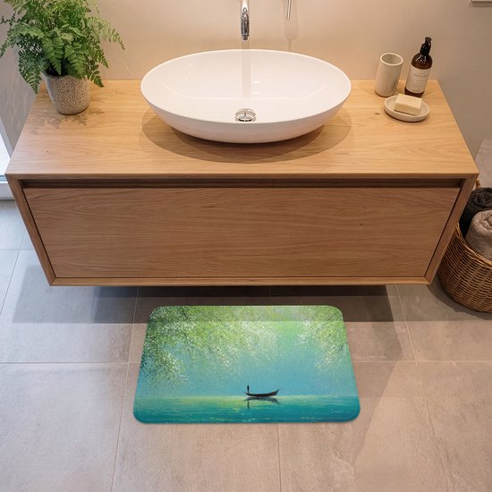 Badmat 60x40 cm - Antislip - Bootje - Water - Bladeren - Bloesems - Badmatten voor badkamer - Badkamermat - Douchemat - Badkamer mat