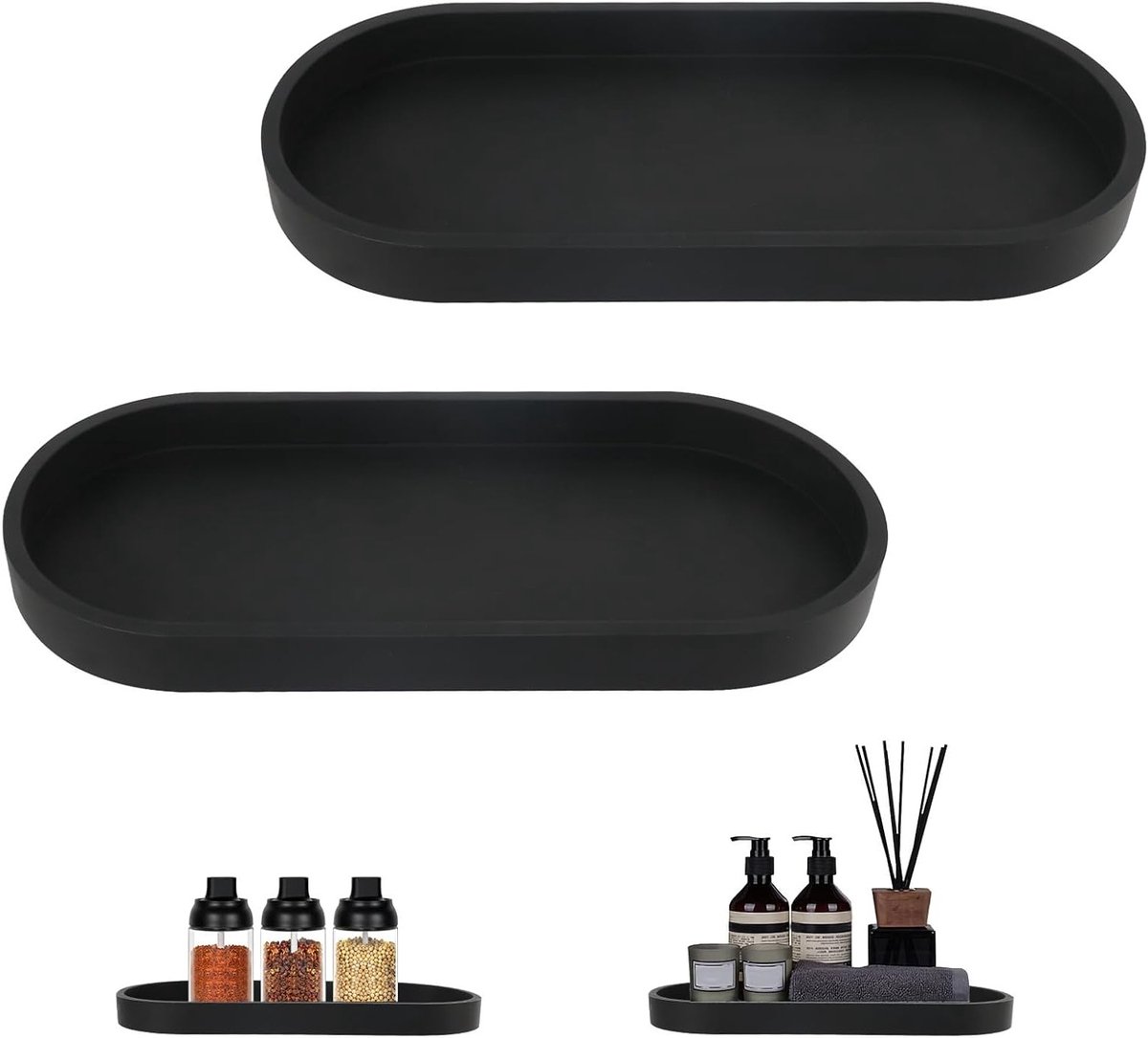 Decoratieve Zwarte Silicone Opbergtray voor Badkamer, Keuken en Toilet - Set van 2 Ovalen