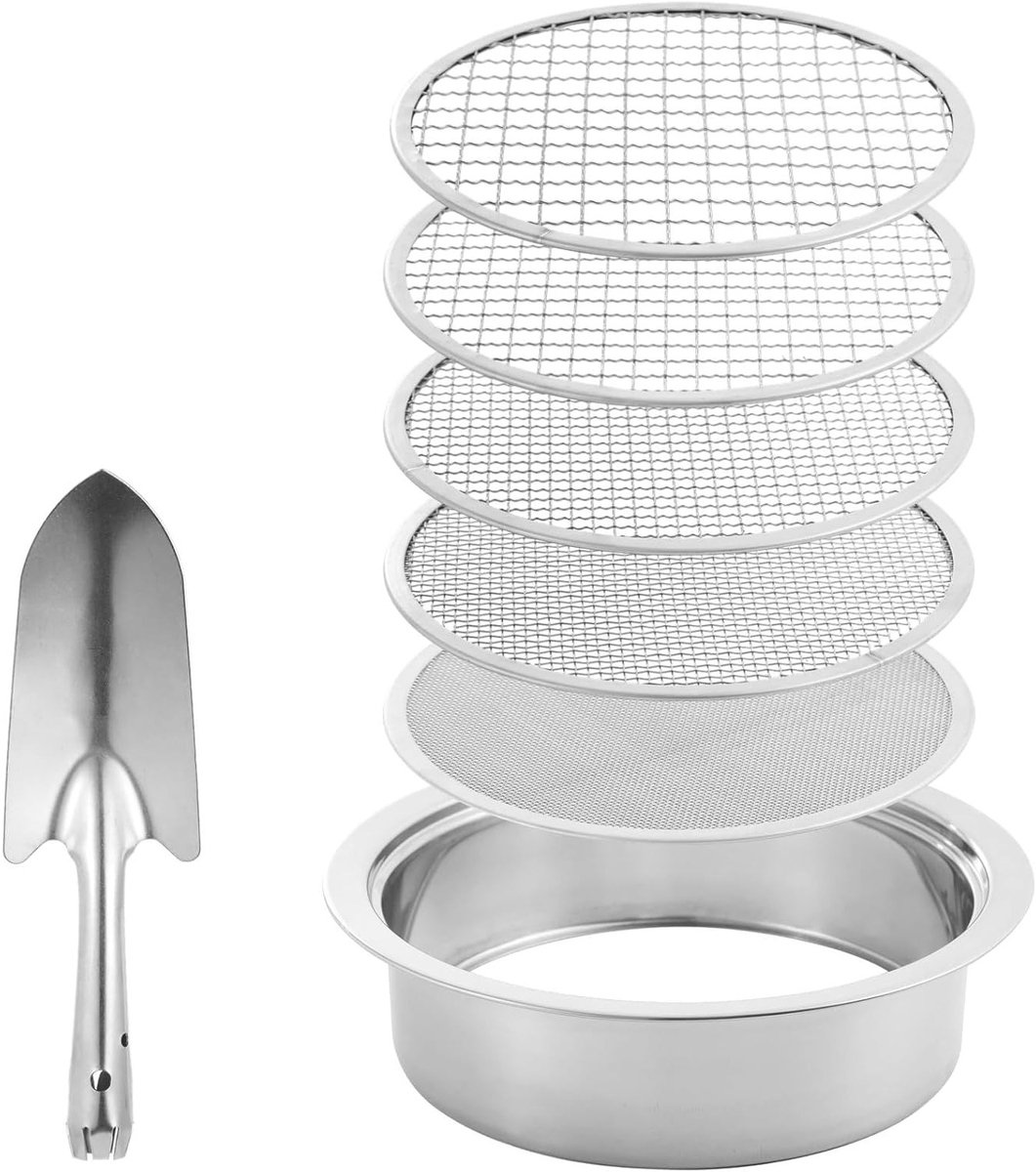 Set van 5 Interchangeable Mesh Riddle Strainers voor Tuinpotten met Handig Mes, RVS Zeef voor Planten met Diverse Maten 1/3/6/9/12 mm