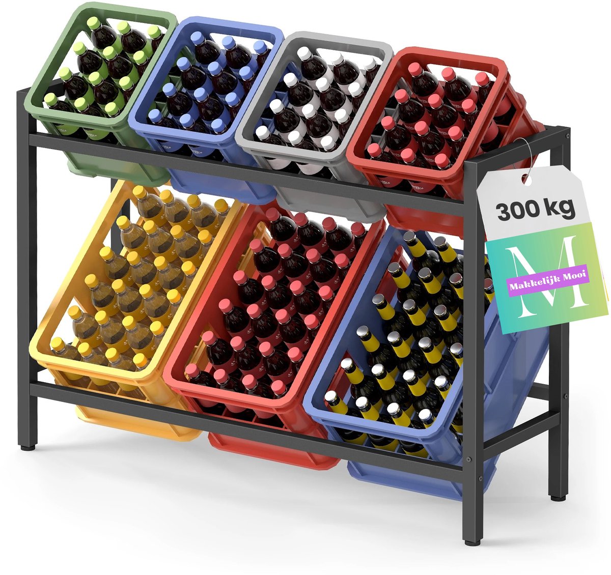 MakkelijkMooi Kratten Opberger - Opbergrek - Drankkratten - Staal - 150kg per Niveau - Multifunctioneel Gebruik - 15° Kantelhoek
