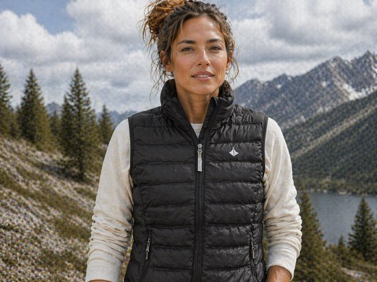 Model met bruin haar in een zwarte, gewatteerde bodywarmer, beige broek, buiten in de bergen.