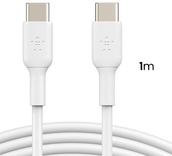 Witte 1 meter lange USB-C naar USB-C kabel met Belkin logo.