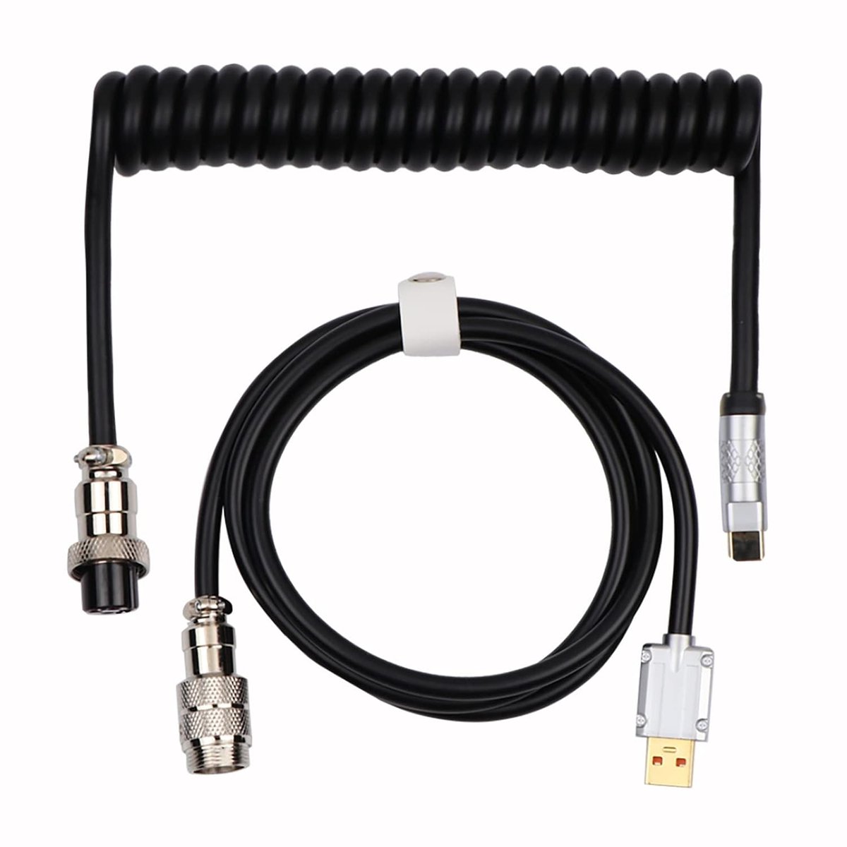 EPOMAKER Coiled USB Cable - Puff - Aviator Kabel - USB-C - Mechanisch Toetsenbord Kabel - Gevlochten PU - Detachable - Voor Gaming & Custom Keyboards - Zwart