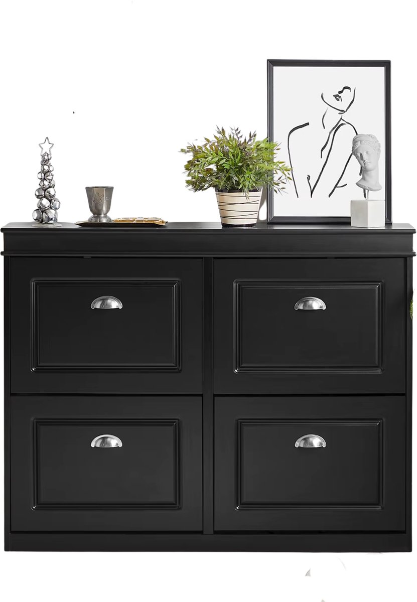 VIEMAE Schoenenkast - Smalle schoenenkast met deuren - Schoenenrek - 4 kleppen, 8 planken - Perfect voor in hal, gang - 105x82x24cm - Zwart