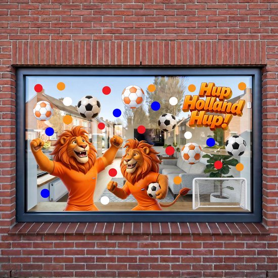 Twee leeuwen in oranje shirts met de tekst 'Hup Holland Hup!', voetballen, stippen en een voetbaldoel.