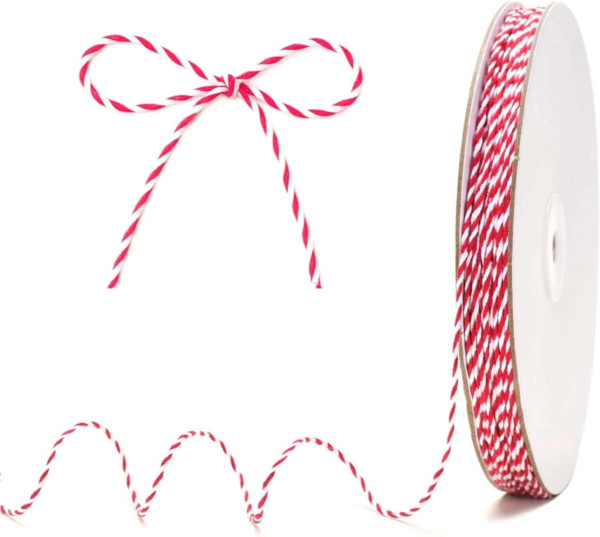 Rode en Witte Katoenen Touw van 2mm en 100m voor Kerstversieringen, Cadeauverpakking en Creatieve Knutselprojecten
