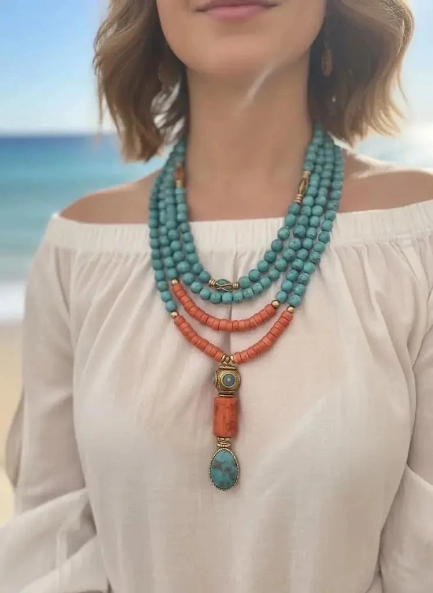 Dorvina Dogaltas Ketting Firuze Turkoois Steen en Rood Mercan Steen Etnik Design Meervoudig Dames Ketting Sieraad