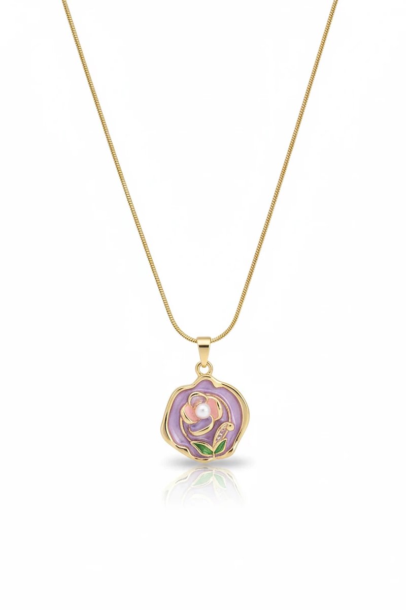 Dorvina 316L Staal Goudkleurig Ketting Paars Gekleurde Bloem Bewerkt Parel Detay Portre Model Dames Ketting