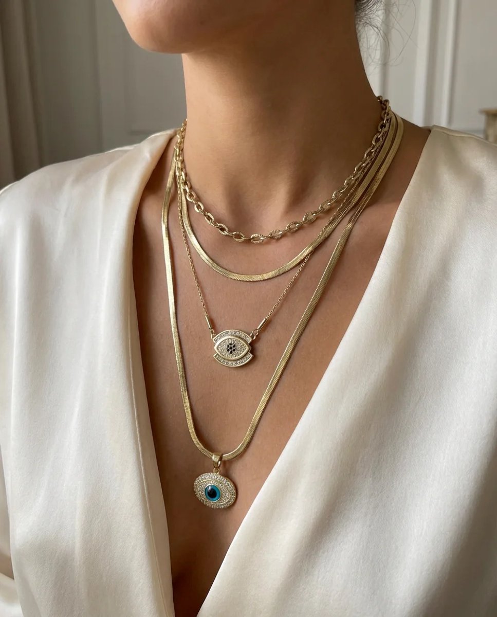 Dorvina 316L Staal Verkleurt Niet Sieraad Goudkleurig Boze Oog Bedel Oog Model 4 Adet Combinatie Dames Ketting Seti