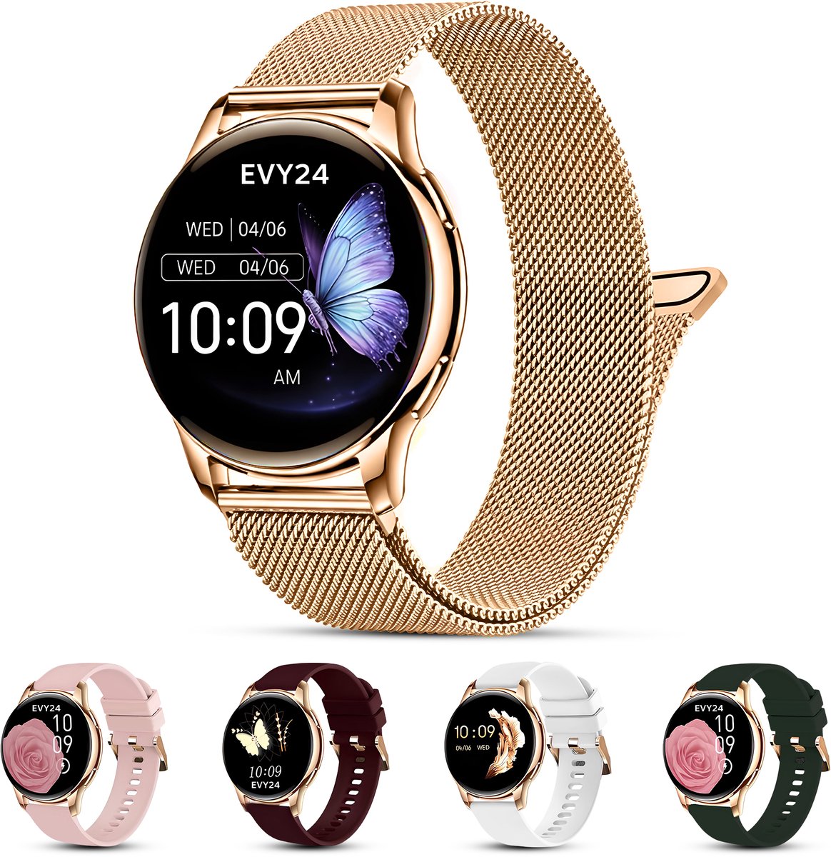 Evy24 Smartwatch Voor Dames - iPhone & Android - Bellen - Stappenteller - Slaapmonitor - AMOLED - 42 mm - 4 bandjes - Rosé