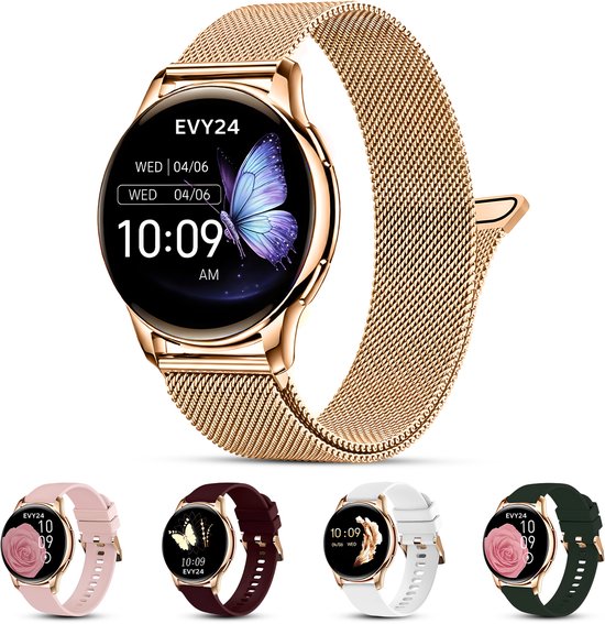 Gouden Evy24 smartwatch met Milanese band en vier verwisselbare siliconen bandjes in roze, bordeaux, wit en groen.