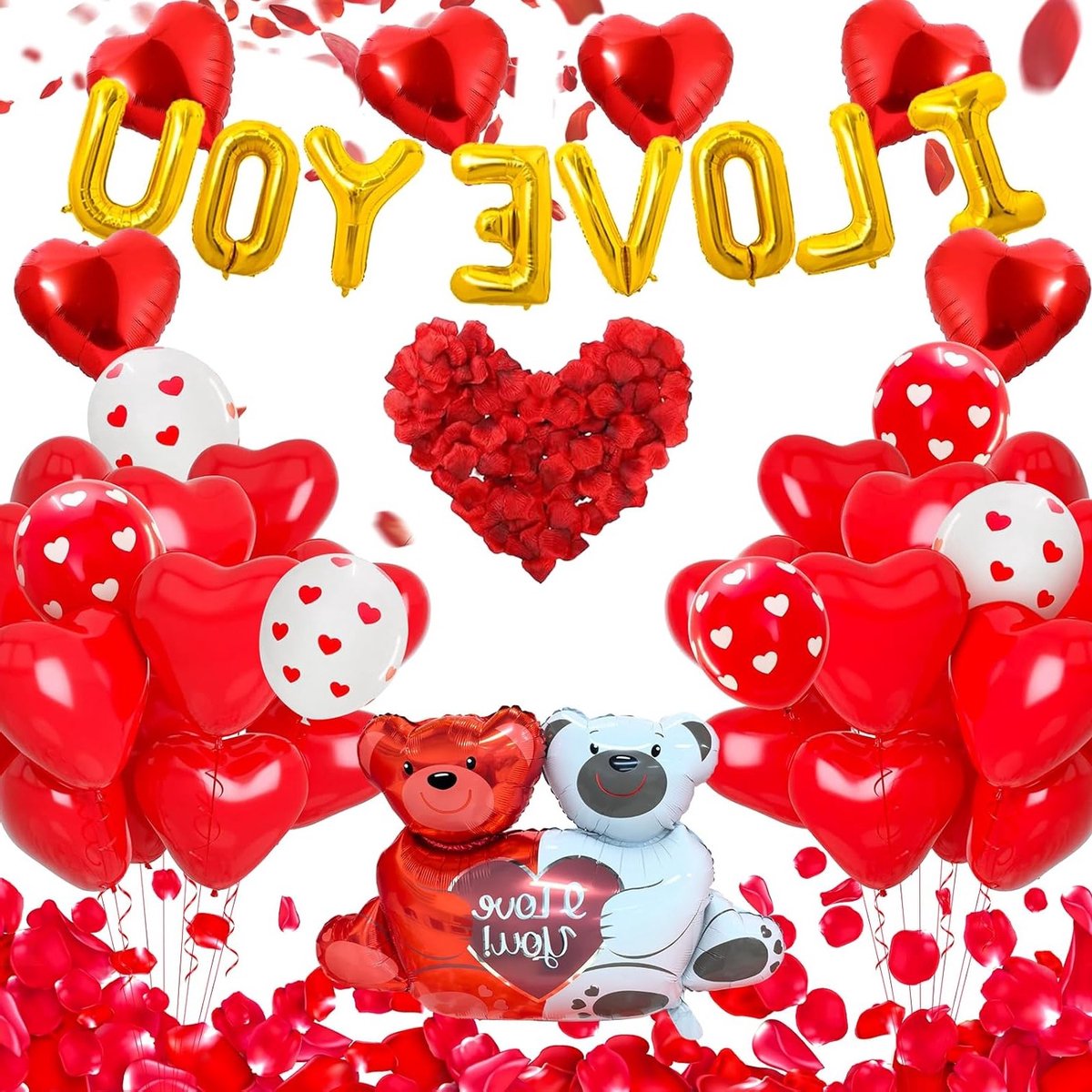 Romantische Decoratieset voor Valentijnsdag met Hartballonnen, Rode Rozenblaadjes en Ballonnen voor Huwelijksaanzoeken en Jubilea