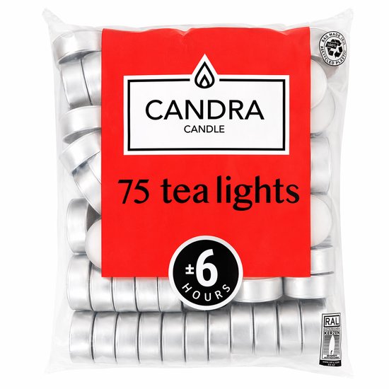 Pak met 75 witte Candra theelichtjes in zilverkleurige houders, met een brandtijd van +/- 6 uur.