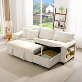 Slaapbank met Slaapfunctie, L-vormige Hoekbank met USB-oplaadpoort en Kussens, L-Bank, 3-Zitsbank, Moderne Hoekbank, 3-zits Slaapbank met Zijplanken en Opbergruimte-Beige