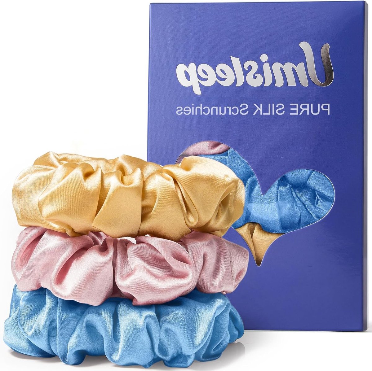 Set van 3 100% Mulberry Zijde Scrunchies voor Dames, Zachte Haarbanden voor Minder Frizz en Haarbreuk, Elastische Haaraccessoires in Lichtroze en Lichtblauw