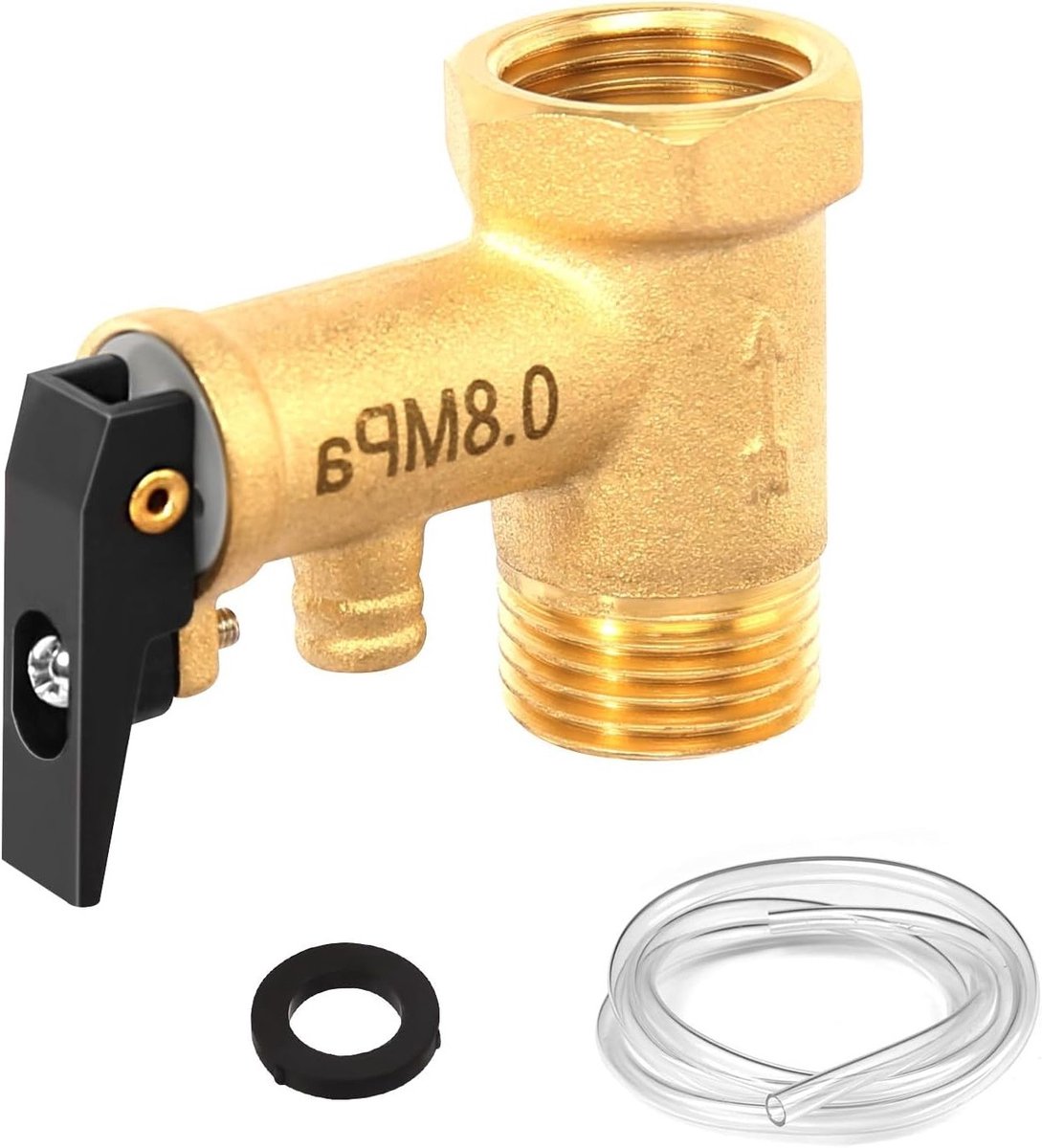 1/2 inch veiligheidsventiel - 0.8 MPa messing veiligheidsventiel met 1 m geleidebuis en afdichting - 1/2 inch binnendraad x 1/2 inch buitendraad waterverwarmer - drukontlastingsklep - terugslagklep