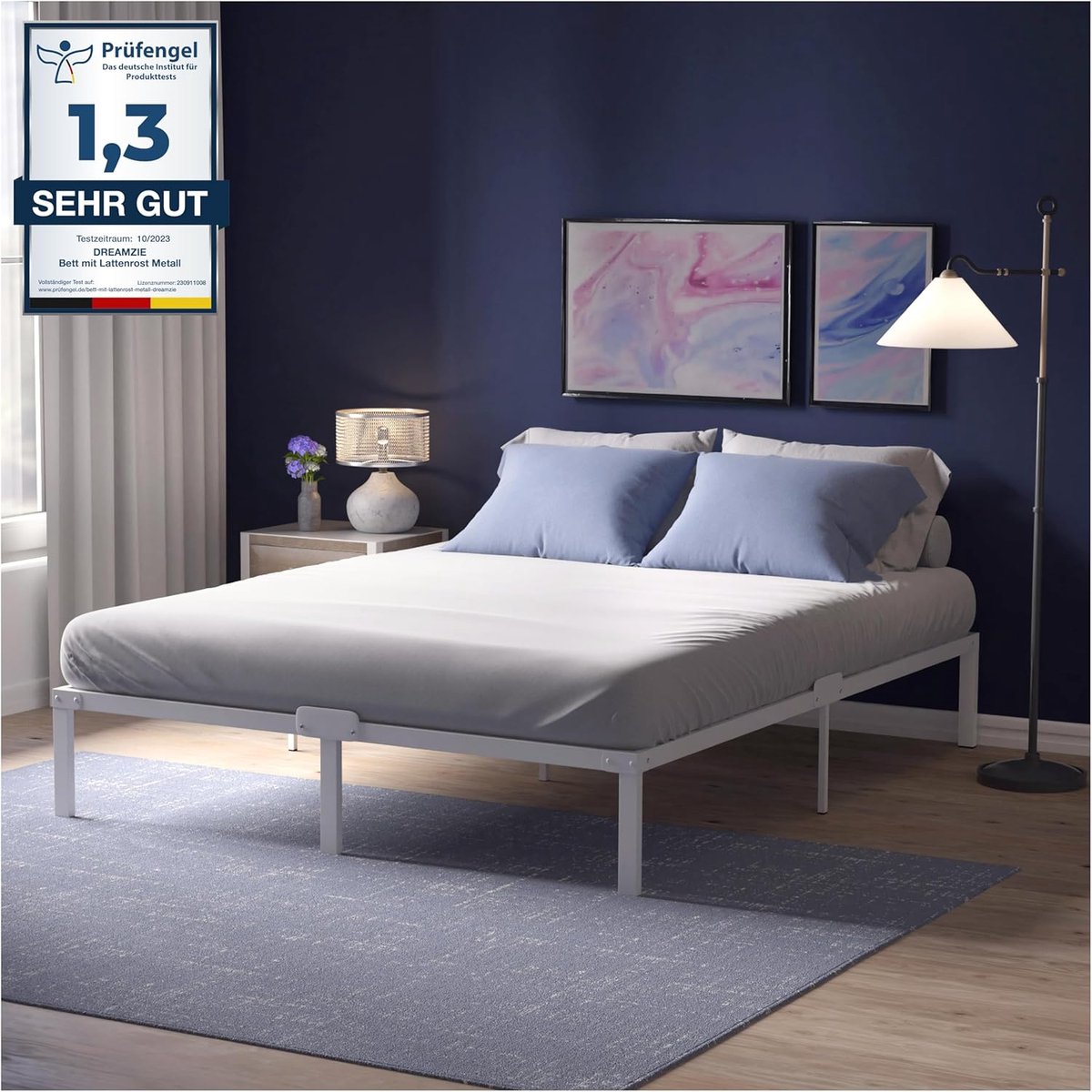 Luxe Metalen Boxspring Bedframe met Opbergruimte 140x200 cm – Stevig Wit Stalen Bedframe met Houten Accenten, 41 cm Hoogte, Eenvoudige Montage, Modern Design en Extra Onderbed Opslagruimte