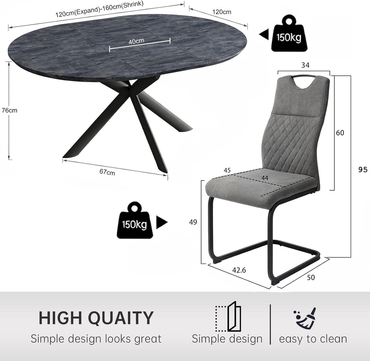 Eettafel Set Rond Uitschuifbaar 120-160 cm met 4 Stoelen – Ovaal Verlengbare Eetkamerset m