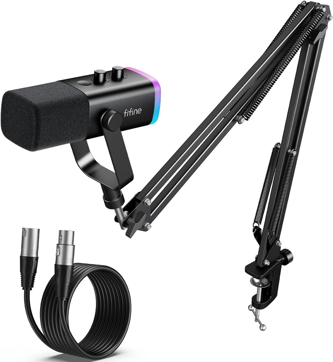FIFINE AM8T + L9 XLR Kabel - Streaming Microfoon met Arm Standaard Verstelbaar - USB RGB - Zwart