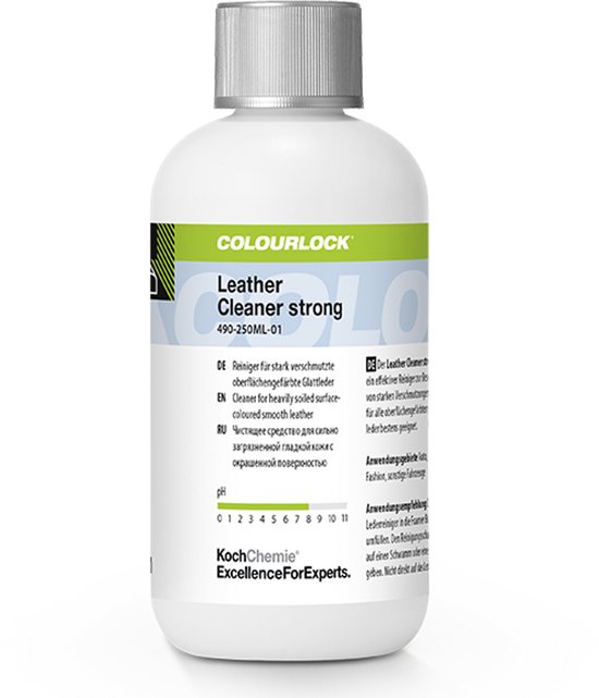 COLOURLOCK Leather Cleaner strong 490-250ML-01 bouteille avec accents verts et jaunes.