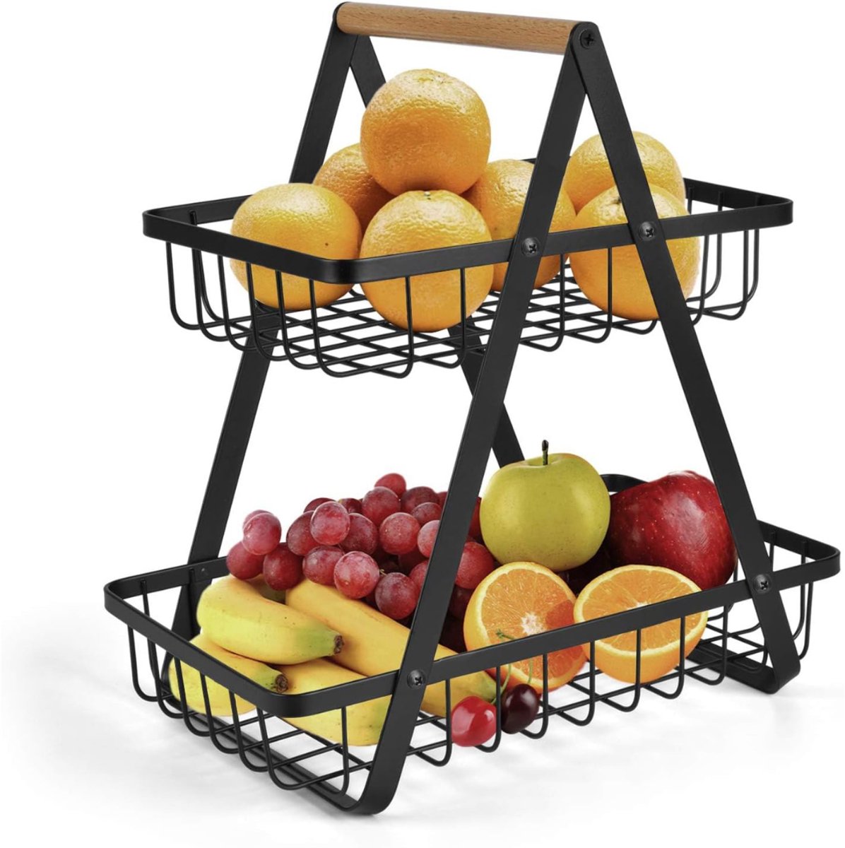 RUX® Fruit etagere - Fruitmand 2 Laags - Fruitschaal - Bamboe Hout en Metaal - Staande Fruitmand Etagere - Aardappelbak - Aanrecht Organiser - Fruitkistje- Zwart - 24cm x 30cm x 30cm; 1,13 kg