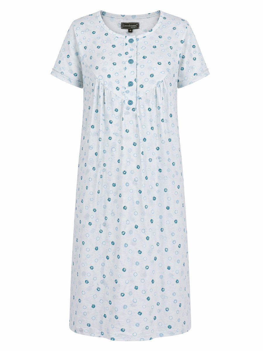 Cocodream - Klassiek nachthemd dames - Korte mouw - Blauw Cirkelpatroon - Lang model - Maat XL