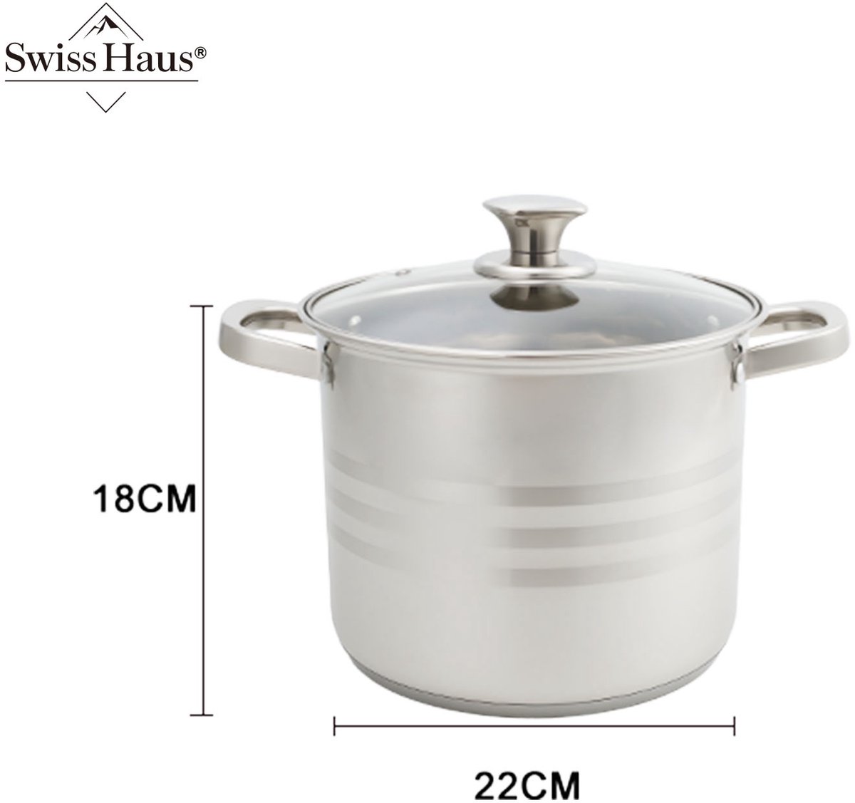 Swiss Haus® NC22SP Soeppan Met Deksel - Ø22cm / 6,8L - Kookpan - Geschikt Voor Inductie & Alle Warmtebronnen - Vaatwasser & Ovenbestendig - RVS — afbeelding 2