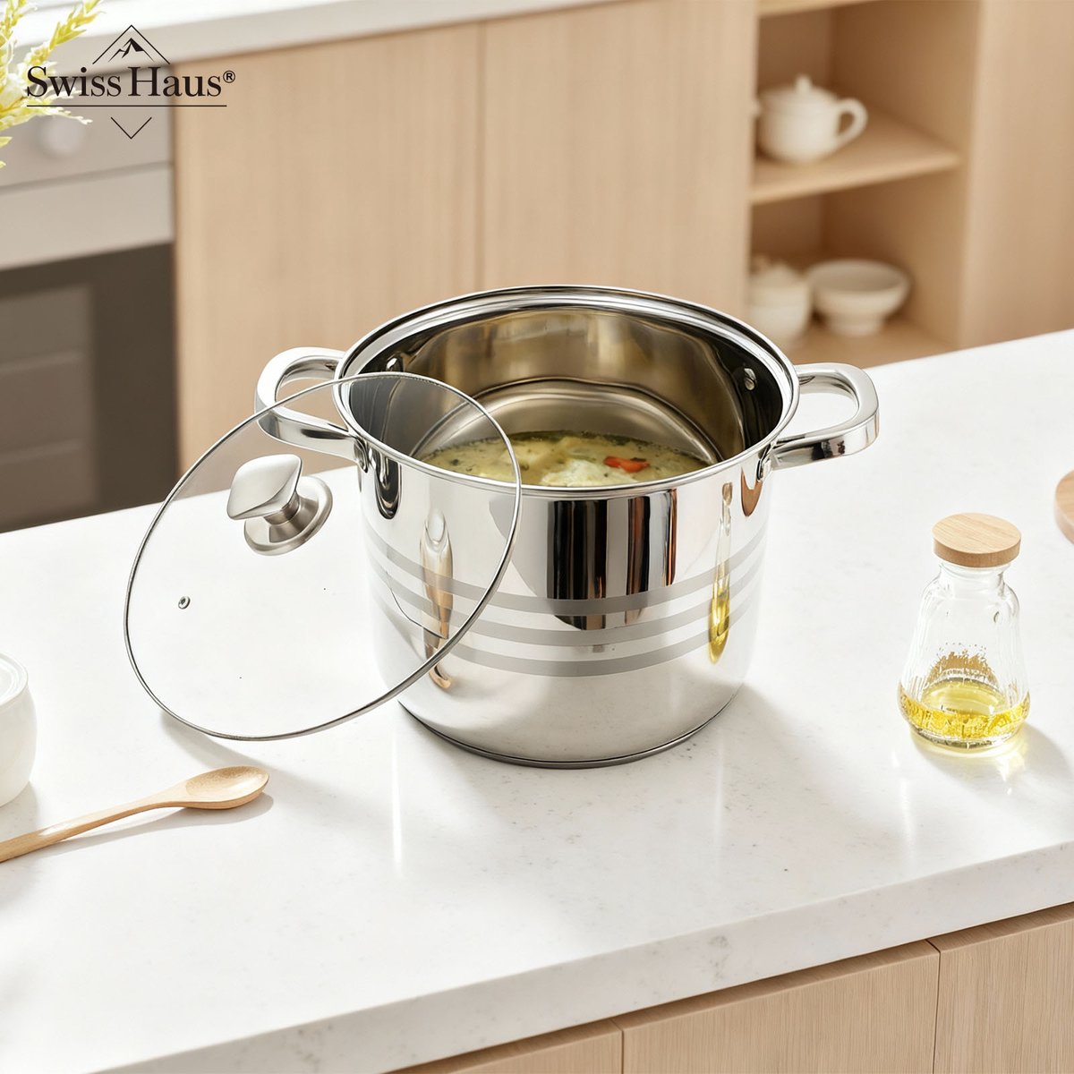 Swiss Haus® NC22SP Soeppan Met Deksel - Ø22cm / 6,8L - Kookpan - Geschikt Voor Inductie & Alle Warmtebronnen - Vaatwasser & Ovenbestendig - RVS — afbeelding 7