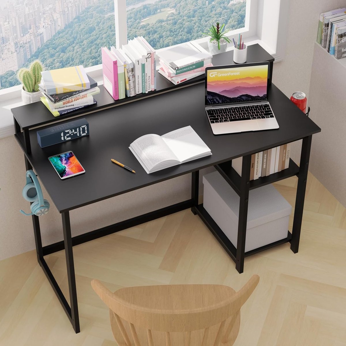 Bureau 100x50 cm Computerbureau met Monitorstandaard Opbergplanken Bekerhouder zwart - Vermissen