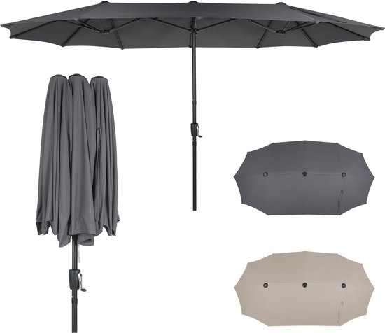 Puluomis - Dubbele parasol - 400x200cm - Stokparasols - UV50+ - Rechthoekige tuinparasol - Aluminium - Incl. beschermhoes - Grijs