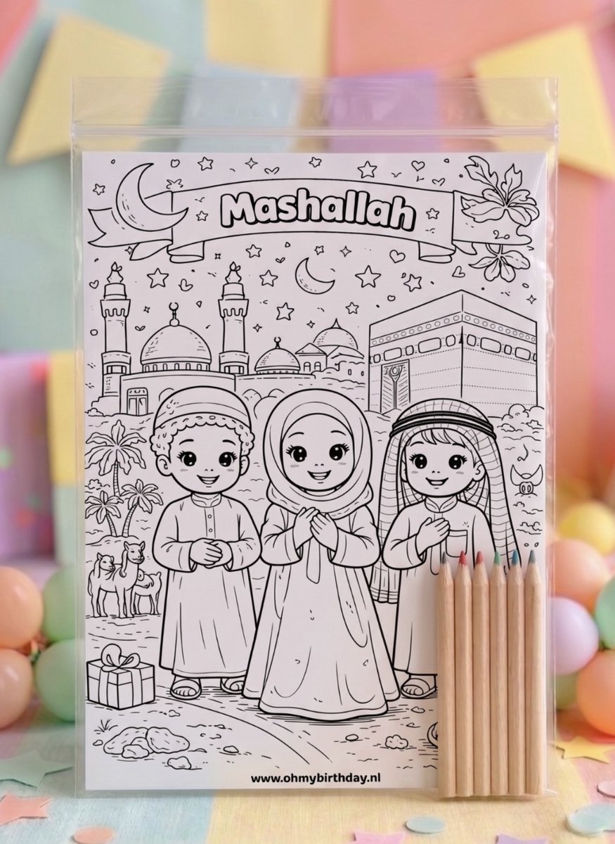 Knutsel Traktatie - 10 stuks - Thema: Mashallah - Merk: Ohmybirthday - 1 x Luxe Kleurplaat & 6 x Kleurpotloden - Islamitisch Uitdeelcadeau / Trakteren - Islam / Moslim - Luxe Set & Hoge Kwaliteit - Ramadan - Kleuren, Tekenen & Knutselen