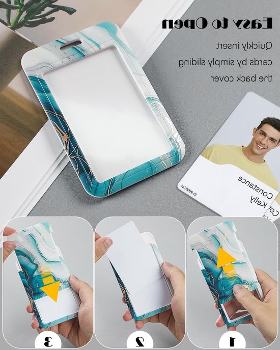 Marmeren Badgehouder met Retractable Reel en Afneembare Lanyard voor Kantoorwerkers - Verticale Kaartbeschermer in Cyan Marmerpatroon van Merkloos — afbeelding 2