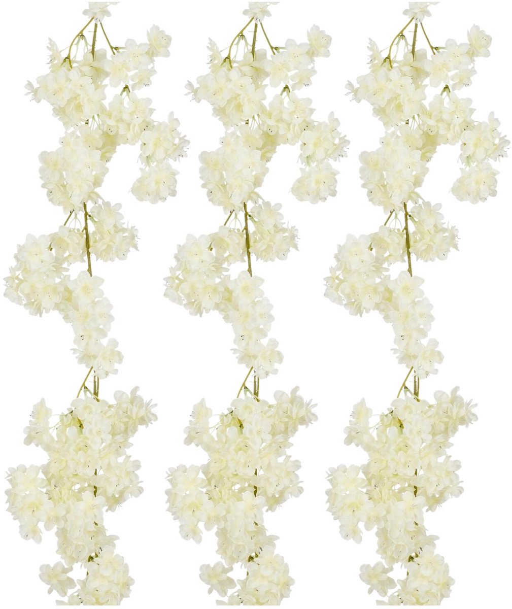Mica Decorations Kunstbloemen Bloesem Slinger - 3x - 180 x 20 cm - wit - kunststof - bloemetjes