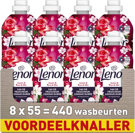 8 bouteilles de Lenor Jasmin & Rose de Mai, 55 lavages par bouteille.