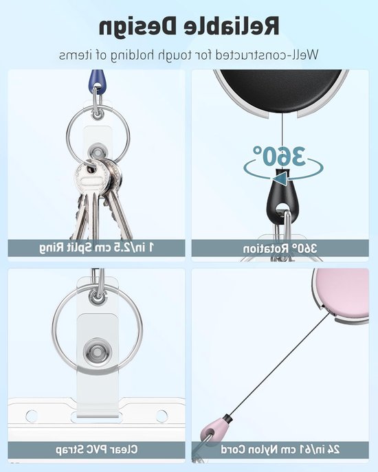 Set van 3 Uittrekbare Badge Reel voor Badgehouder in Roze, Blauw en Zwart - Stevige Sleutelhanger met RVS Veer, 24 Inch Nylon Touw en Carabiner Clip voor Professioneel Gebruik van Merkloos — afbeelding 4