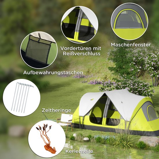 Campingtent 2 Kamers - 6-8 Persoons Gezinstent - Met Tussenscherm En Regenhoes - Voor Familie En Outdoor - Donkergroen — afbeelding 4