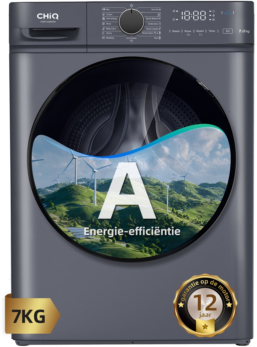 CHiQ CW07123863AX - Wasmachine - 7 KG - Space Pro - 16 programma's - AI Smart - Stoomwassen & Quick Wash - 12 jaar garantie op motor - A — afbeelding 1