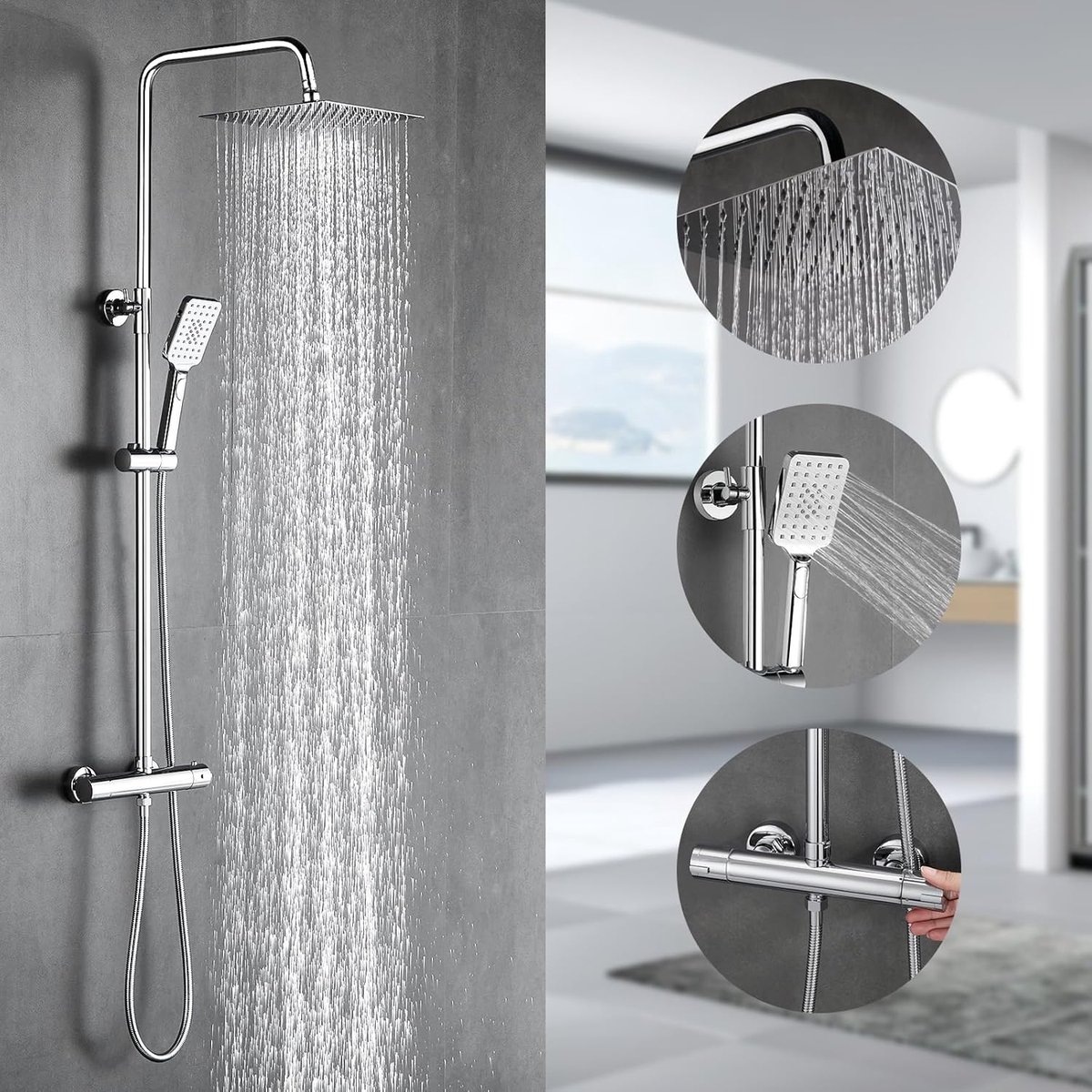 Oraymin Thermostatische Douche Set met Regendouche 10 inch - 304 RVS - Inclusief Mengkraan en Wandhouder - Badkamer Set