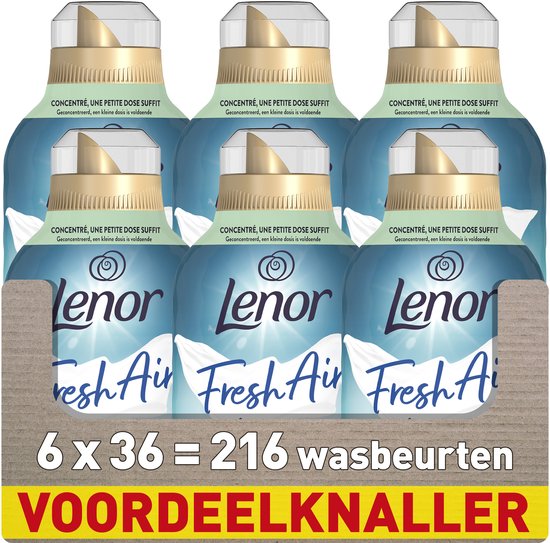 Six bouteilles d'assouplissant Lenor Fresh Air avec le texte '6 x 36 = 216 lavages' et 'OFFRE EXCEPTIONNELLE'.