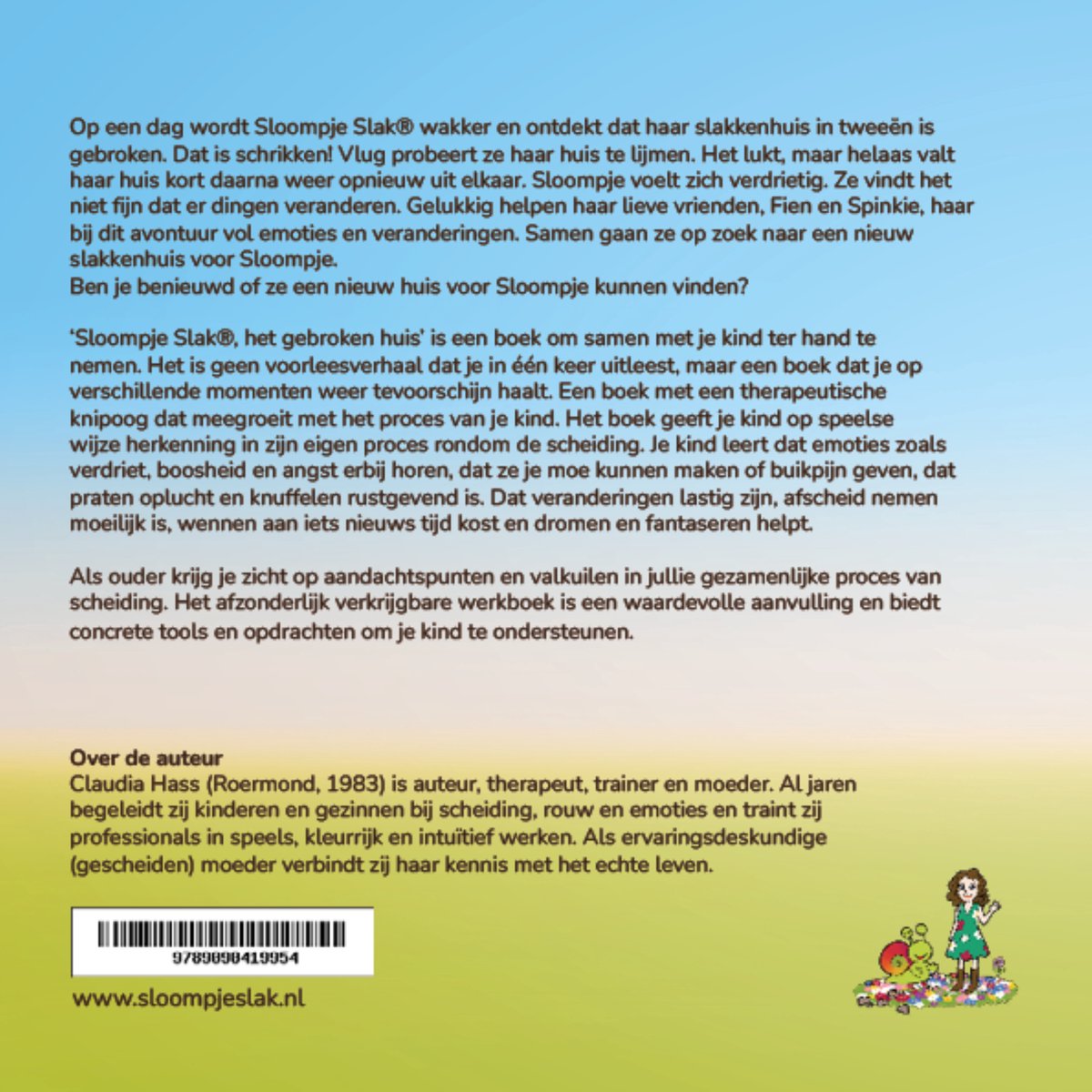 Achterpagina van het boek "Sloompje Slak Het Gebroken Huis" met tekst en een illustratie van een egel, slak en eekhoorn.