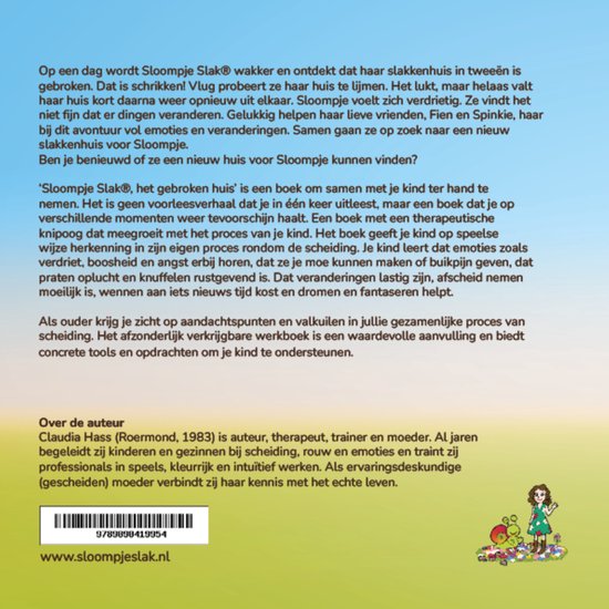 Achterpagina van het boek "Sloompje Slak Het Gebroken Huis" met tekst en een illustratie van een egel, slak en eekhoorn.