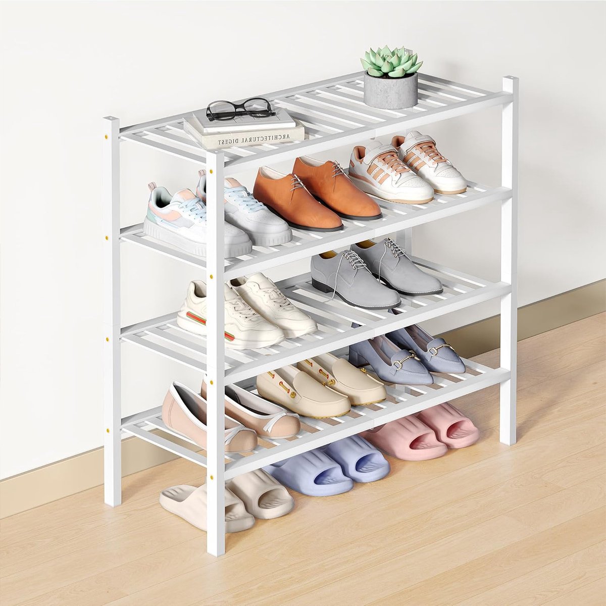 Homaxy - Schoenenrek (4 niveaus) - Bamboe Schoenenrek - Houten Schoenenkast -Schoenenrek hout - 68x28x66cm - Wit