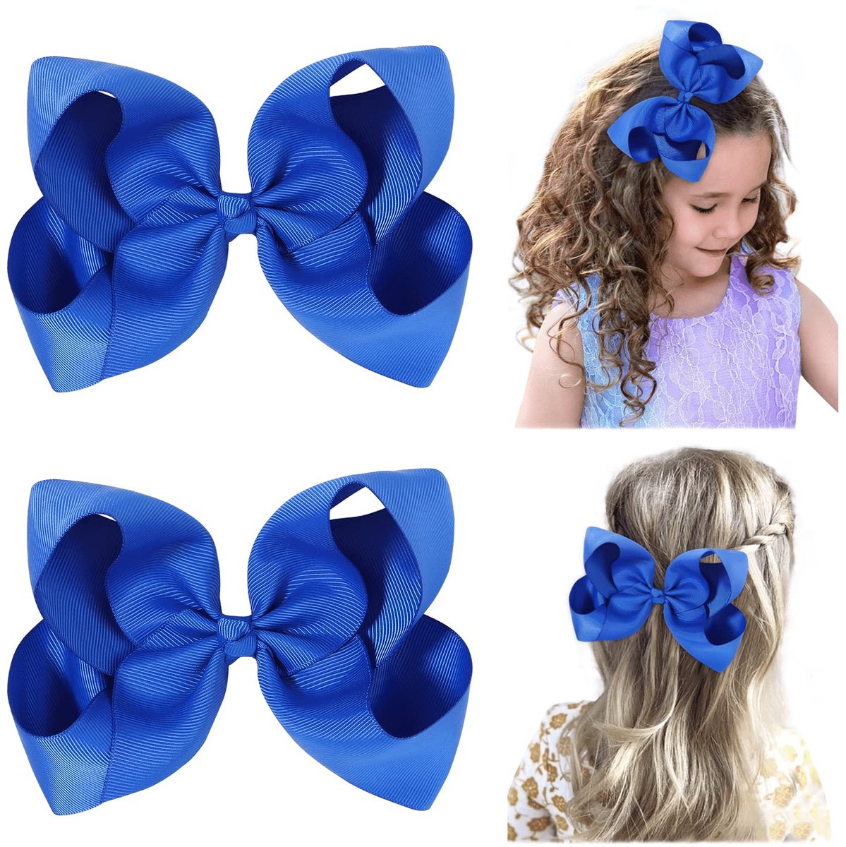 Set van 2 haarstrikken van 15 cm, geribbeld lint, effen krokodillenclips, kerstblauw