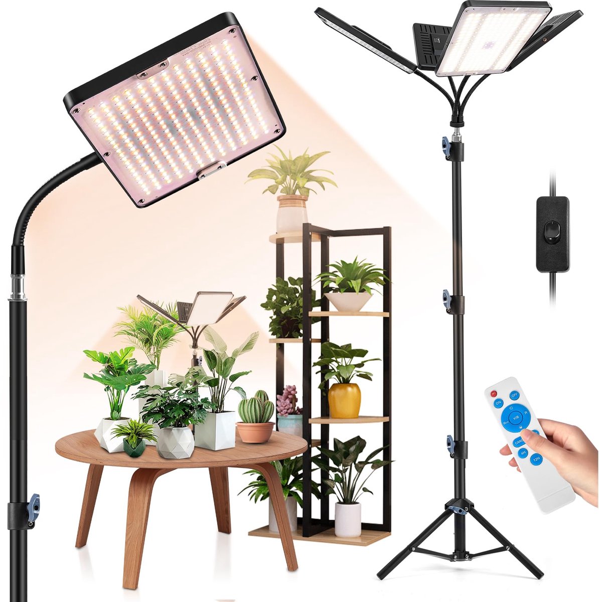 Epochglo LED Groeilicht met Verstelbaar Statief - 4-Koppig - 104W Plantenlamp Volledig Spectrum - 984 LEDs - 360° Flexibel - Met Timer & 10 Helderheidsniveaus - In Hoogte Verstelbaar - Kweeklamp Voor Binnenteelt, Moestuin & Kamerplanten