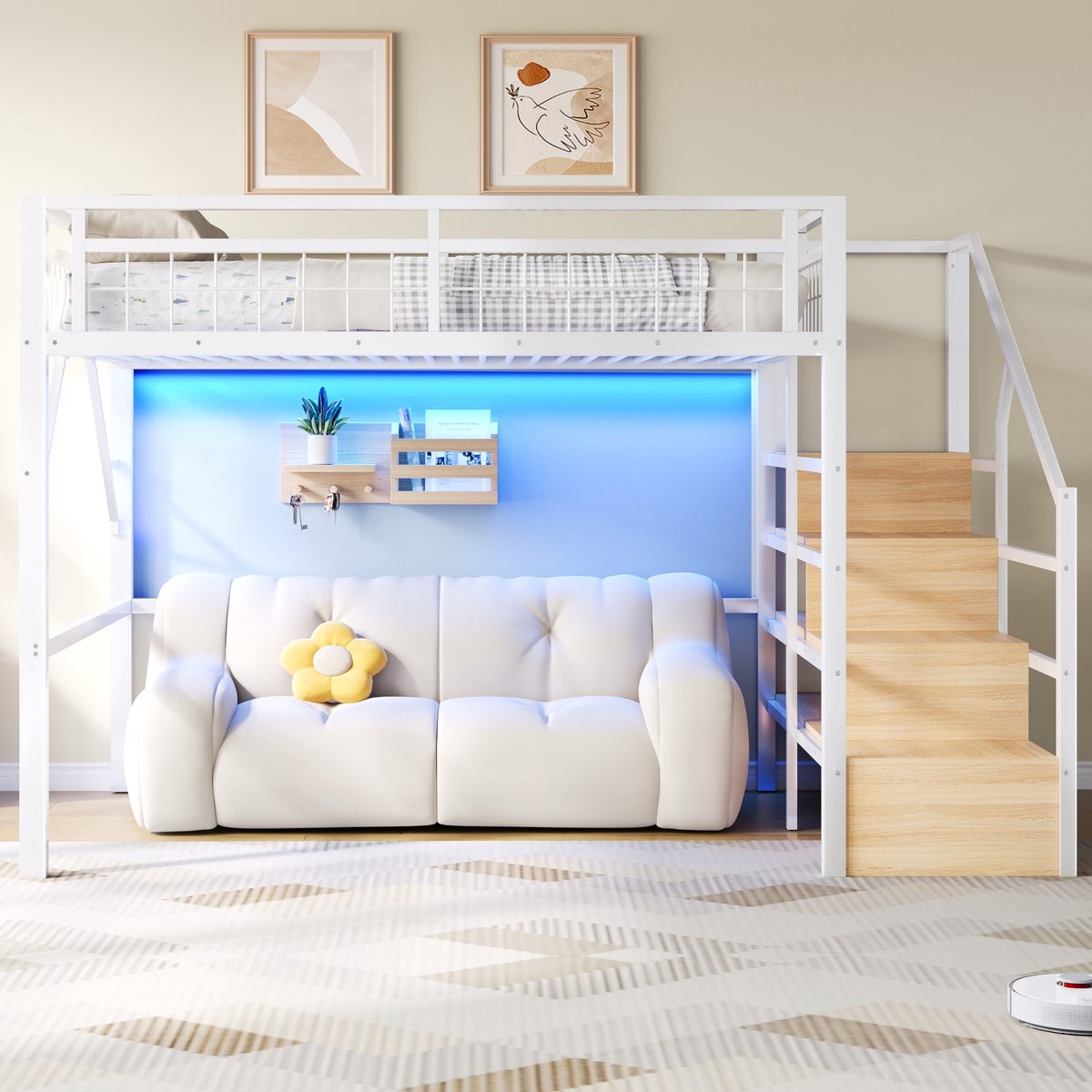VVBV Hoogslaper 140x200 cm, Metalen Frame met LED-Verlichting en Opbergtrap, Zonder Matras, Wit