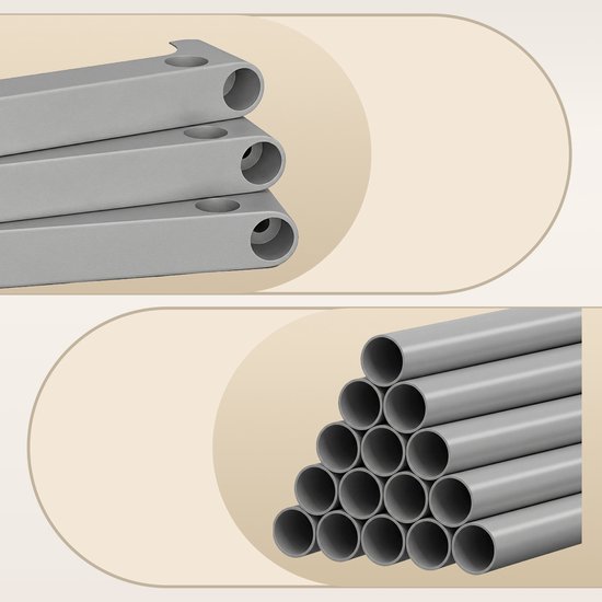 Gedetailleerde close-up van de grijze metalen buizen en verbindingsstukken van een schoenenrek.