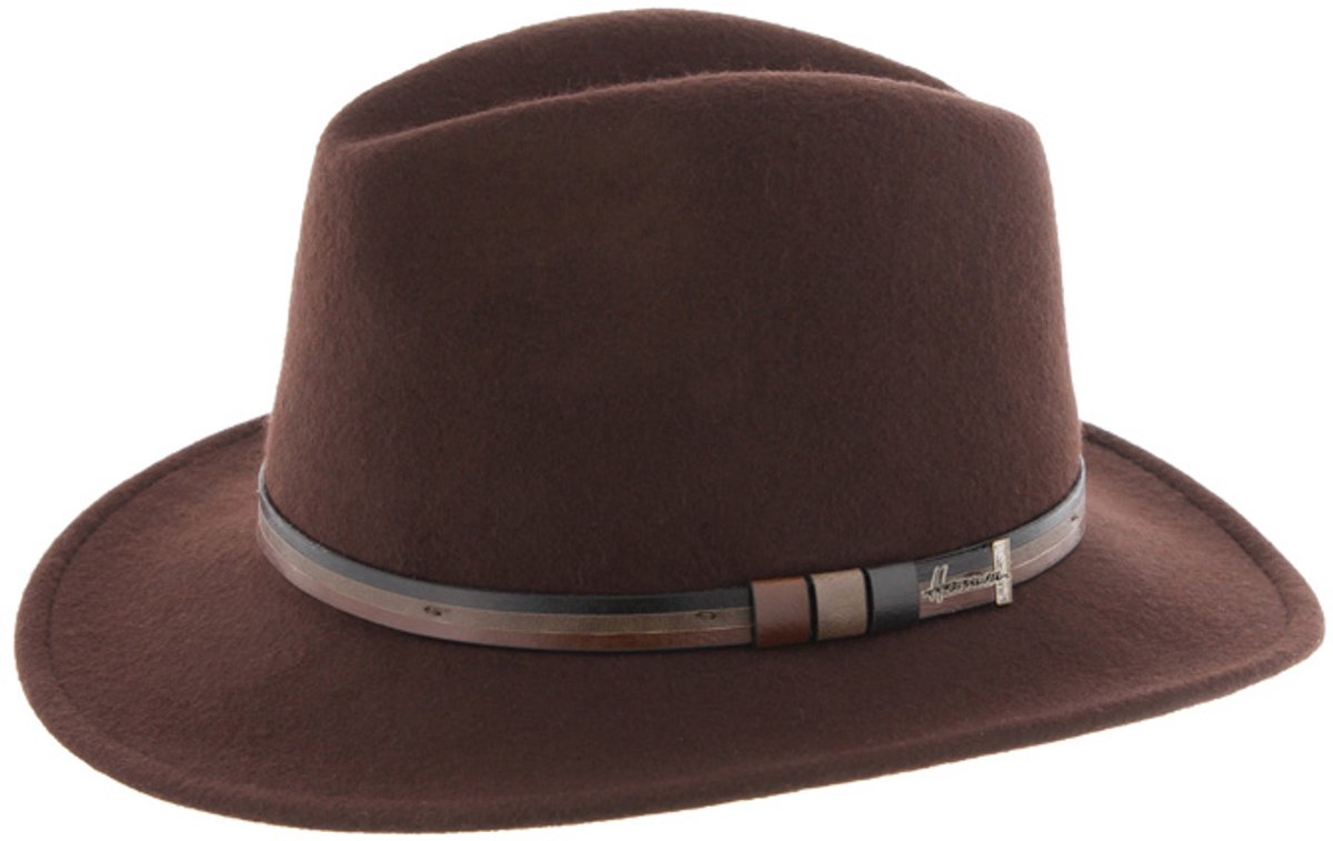 Herman chapeau grand bord droit en feutre marron avec ceinture faux cuir bicolore