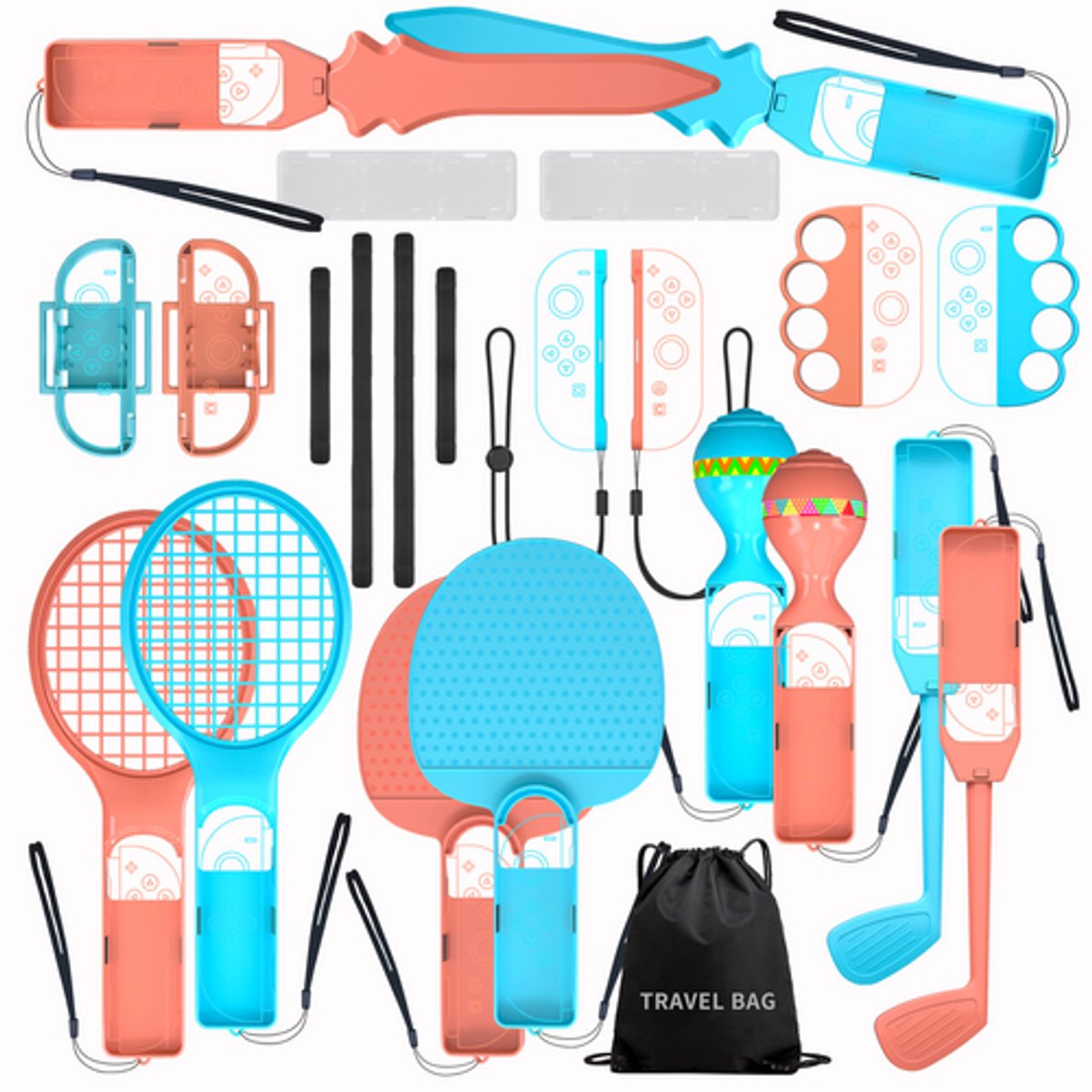 Accessoireset Geschikt Voor Nintendo Switch 2 Sports 23-in-1 - Familie Sport Pack - Joy-Con Rackets, Golfclubs & Zwaarden - Rood/Blauw