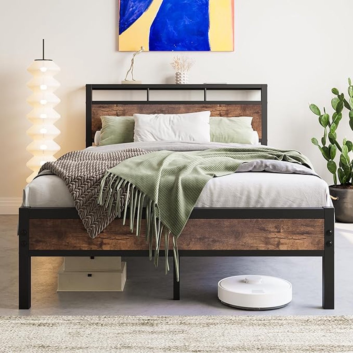 Industrieel Metalen Bedframe met Houten - Zwart - 120x200 cm - Arqam