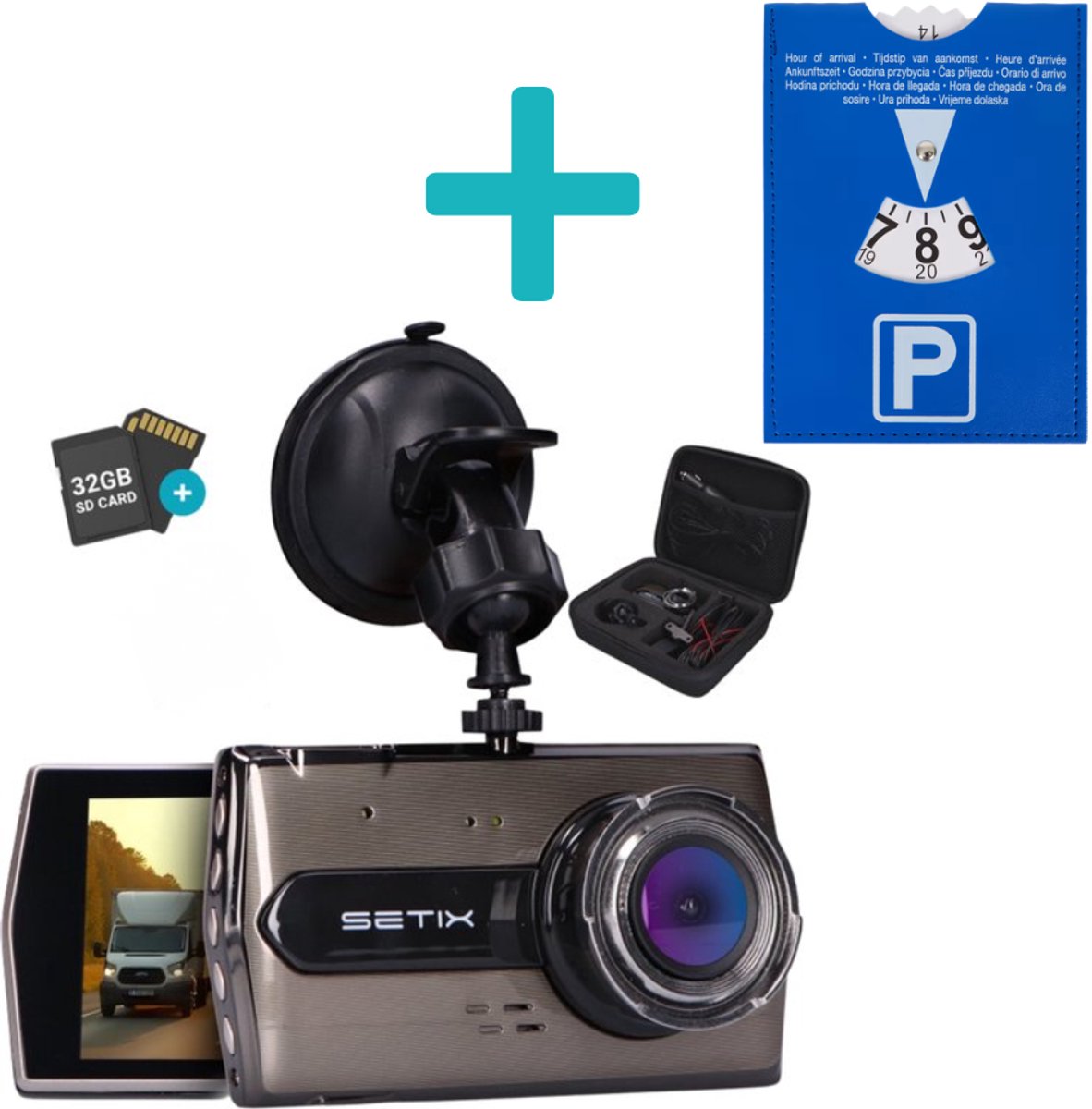 Setix Dashcam Go met Parkeerschijf - Voor en Achter Camera – Inclusief 32GB SD kaart - Full HD 1080P Resolutie – Met Opbergcase tegen Diefstal - Nachtzicht – Plug & Play - Parkeermodus - 170 Graden Kijkhoek – Loop Recording – 2025 Auto Camera